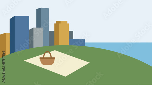 City skyline picnic with basket.