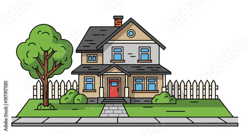 Two Story House with Red Door.