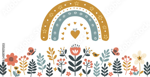 Vector illustration of an abstract floral background featuring a cute cartoon baby elephant with a heart and bird in a vintage nature pattern for a child greeting card design