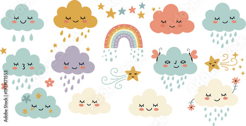 Blue sky vector illustration of an abstract rainy day background with cartoon clouds and nature pattern design for baby card decoration