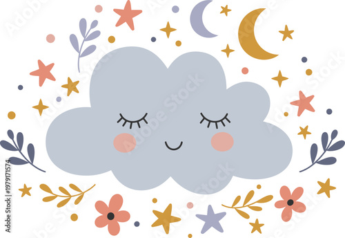 Blue sky vector illustration of an abstract rainy day background with cartoon clouds and nature pattern design for baby card decoration