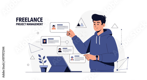 Freelance Project Management: Man managing tasks and profiles on digital interface