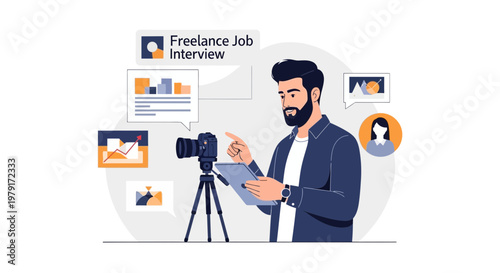 Freelancer conducting online job interview with video camera and charts