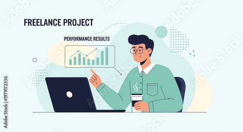 Freelancer analyzing performance results on laptop with coffee