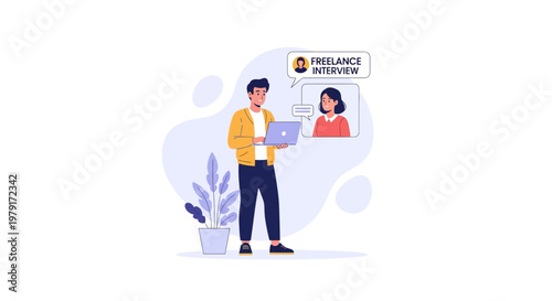 Freelancer having online interview via laptop, remote work concept