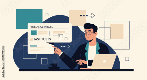 Freelancer working on project with laptop and checklist, modern flat illustration