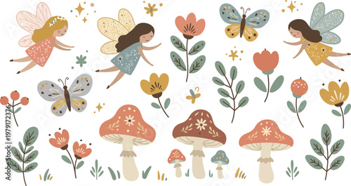 A cute cartoon vector illustration of a baby girl with pink floral patterns, summer flowers, and a set of spring nature icons like a butterfly, bee, and ladybug