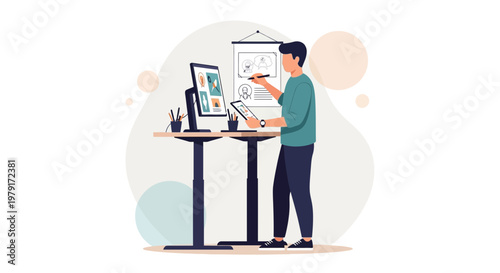 Graphic designer working on a standing desk with computer and tablet, creative process