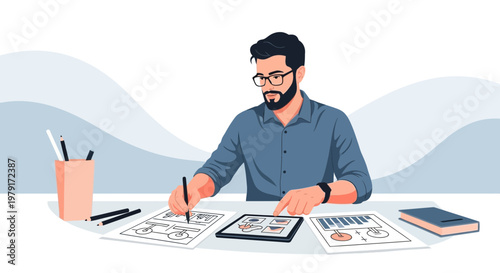 Graphic designer working on a tablet and sketches, creative process, modern workspace