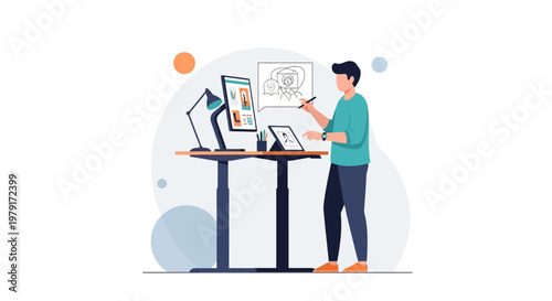 Graphic designer working at standing desk, drawing on tablet, digital art, creative workspace