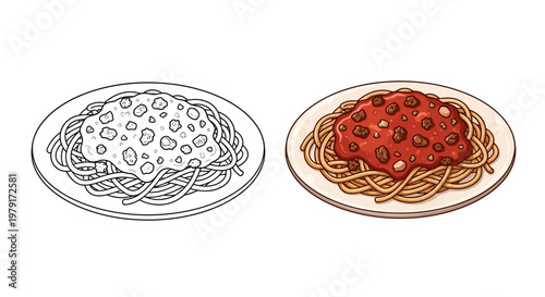Spaghetti Bolognese Coloring Page and Illustration