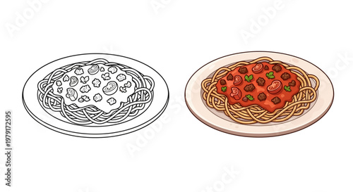 Spaghetti Bolognese: Line Art vs. Colored Illustration