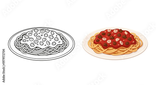 Spaghetti Bolognese with Meatballs and Sauce on a White Plate, Top View