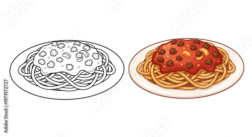 Spaghetti with Meat Sauce and Cheese - Line Art and Full Color Comparison