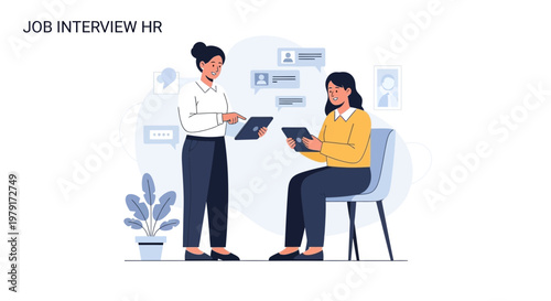 Job Interview HR: Applicant and Recruiter Discussing Resume on Tablets