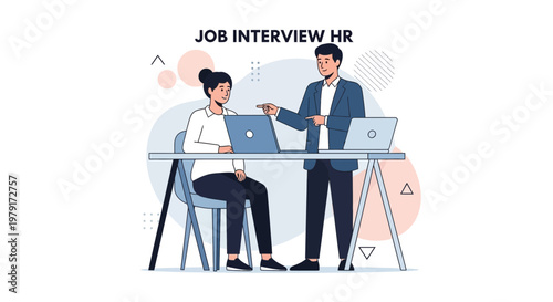 Job Interview HR: Candidate and Recruiter Discussing Career at Desk with Laptops