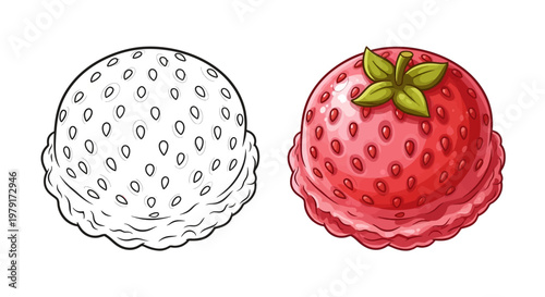 Strawberry Ice Cream Scoop: Line Art and Full Color Comparison