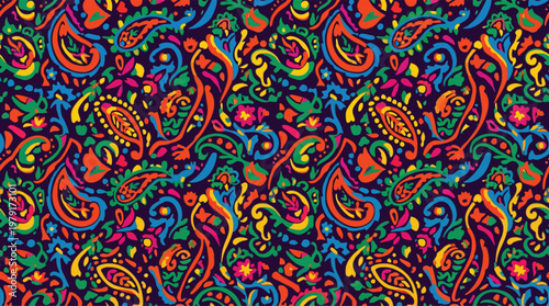 Vibrant colorful paisley pattern design.