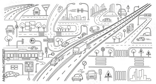 Aerial View of City Transportation Network with Roads and Buildings.