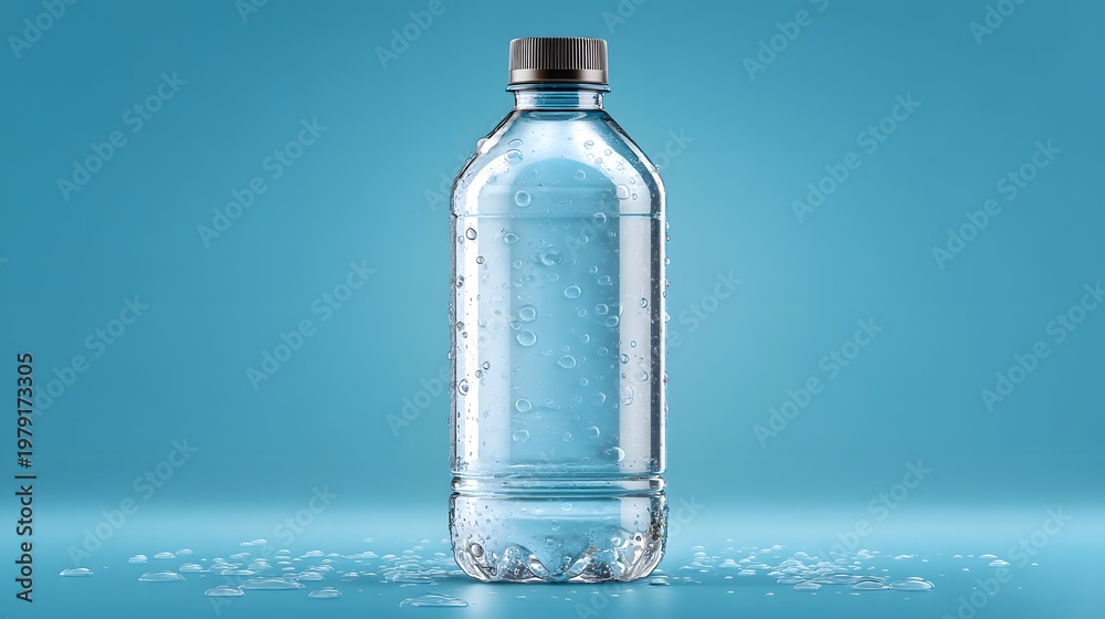 Obraz premium Clear Water Bottle on Blue Background with Condensation and Ice
