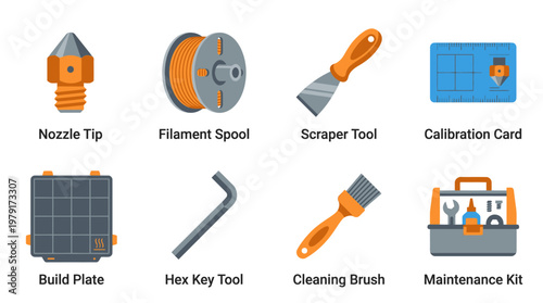 Vector set of 3D printer tools and accessories on a clean workspace with nozzle tip, filament spool, scraper tool, and calibration card