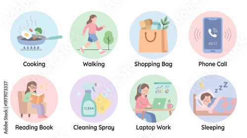 Vector set of daily life activities icons featuring people engaged in various tasks like cooking, walking, shopping, and more in a modern and colorful style