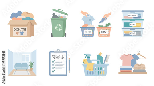 Vector set of donation and organization icons showcasing charity, recycling, household items, and cleaning tools in a modern vector style.