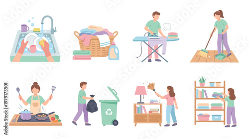 Vector set of people doing various household chores in a modern home environment with cleaning tools and equipment.