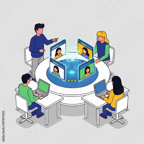 Remote team collaboration with video calls.