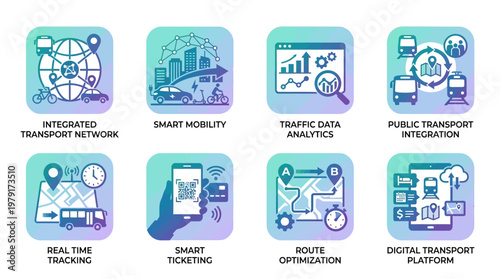 Vector set of modern transportation icons illustrating integrated transport network and smart mobility solutions with traffic data analytics and public transport integration features