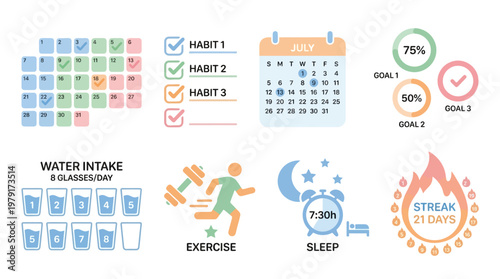 A vector set of colorful wellness icons featuring a calendar, a habit tracker, a water intake reminder, an exercise illustration, and a sleep tracker, all designed in a modern style.