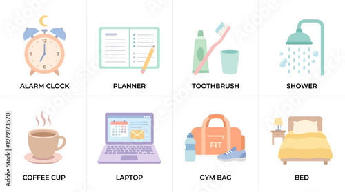 A vector set of daily routine icons featuring a collection of alarm clock, planner, toothbrush, shower, coffee cup, laptop, gym bag, and bed illustrations.