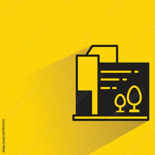 modern building icon with shadow on yellow background