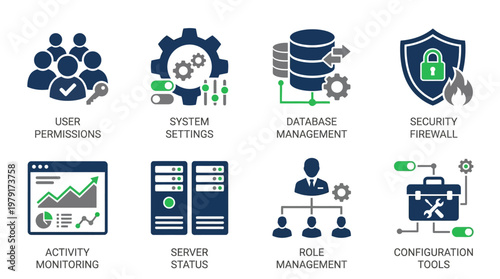 A comprehensive vector set of business and technology icons for system administration and security, featuring various tools and concepts.