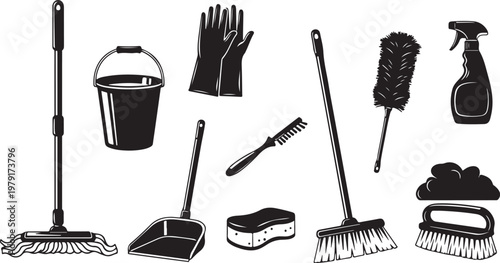 Cleaning tools and supplies on a white background illustration