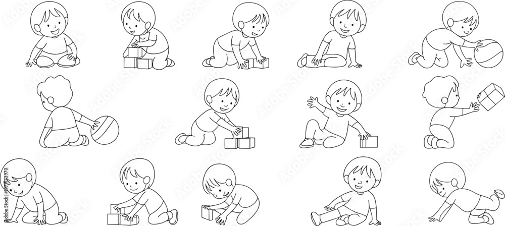 Fototapeta premium Baby, playing, poses, set, toddler, activities, crawling, sitting, blocks, ball, cute, kids, cartoon, vector, illustration, playful, collection, child, movements, isolated