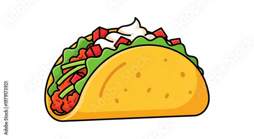 Colorful taco with lettuce tomatoes and sour cream on a white background mexican food