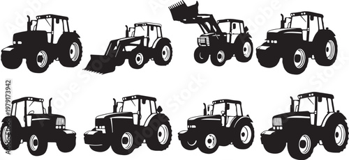 Tractor Silhouettes in Various Positions and Actions on White Background