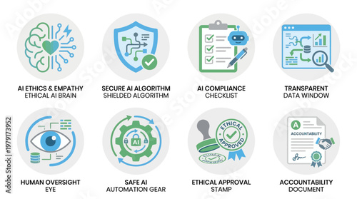 Vector set of modern icons illustrating AI ethics and compliance concepts for secure algorithm development.