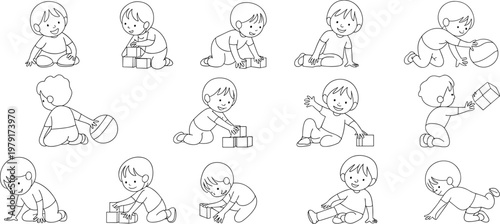 Baby, playing, poses, set, toddler, activities, crawling, sitting, blocks, ball, cute, kids, cartoon, vector, illustration, playful, collection, child, movements, isolated