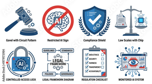 Vector set of law and compliance icons featuring a gavel, restricted AI signs, compliance shield, and legal scales with chip for regulated industries and AI system security.