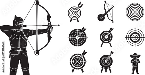 Archery illustration with archer and various target boards depicted