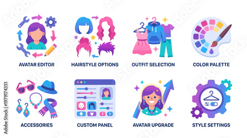 Vector set of colorful avatar editor icons for profile customization with various style settings and outfit selection options.