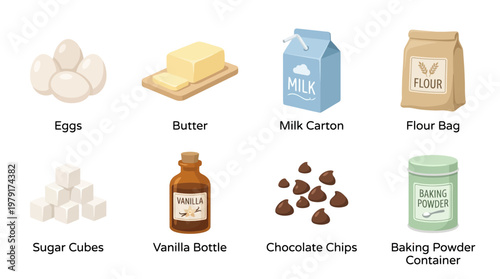 A vector set of baking ingredients including eggs butter milk flour sugar vanilla chocolate chips and baking powder on a kitchen table indoors.