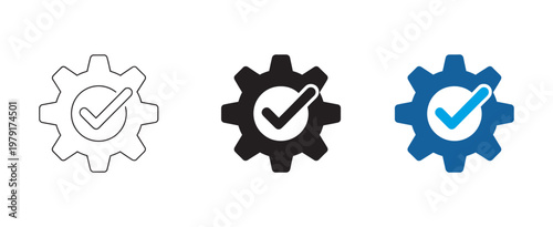 Quality control icon, gear checkmark symbol, approved process and system validation, engineering quality assurance icon, clean isolated illustration