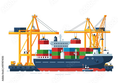 A cargo ship loaded with containers is being loaded by cranes at a port with impor and ekspor operations.