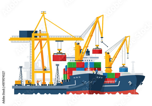 A cargo ship is being loaded with colorful containers at a bustling port facility with cranes.