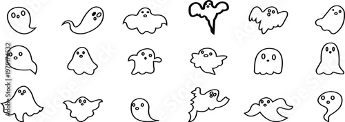 Cute cartoon ghost icons set. Adorable silhouette spirits with various facial expressions, playful and spooky character, playful and spooky and eerie symbols for decoration, web designs or ui,