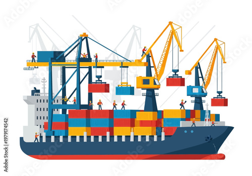 A cargo ship is loaded with containers at a bustling port facility using cranes.