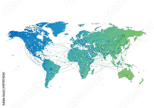 Global ekspor impor network connections map with lines and dots on continents